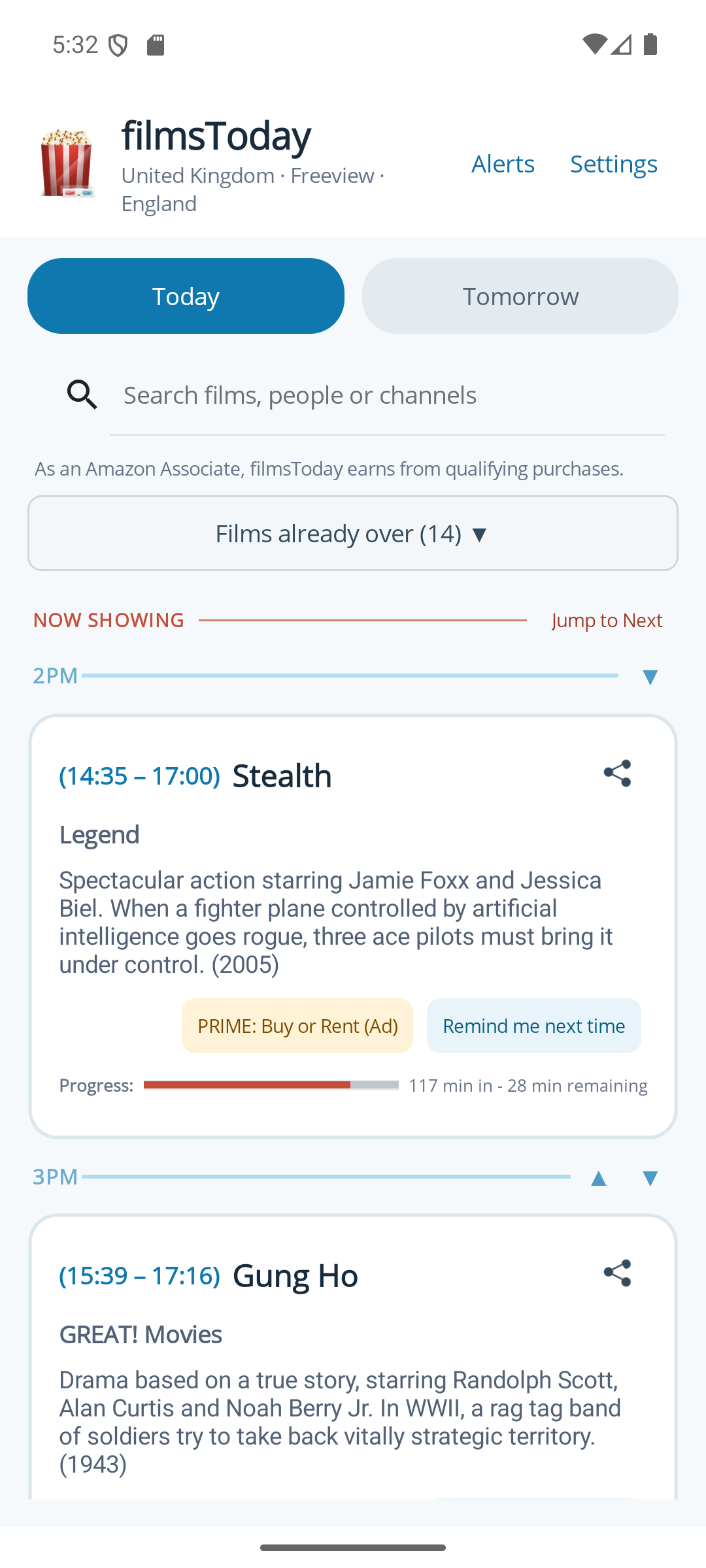 filmsToday mobile app showing tonight’s film cards and reminder buttons