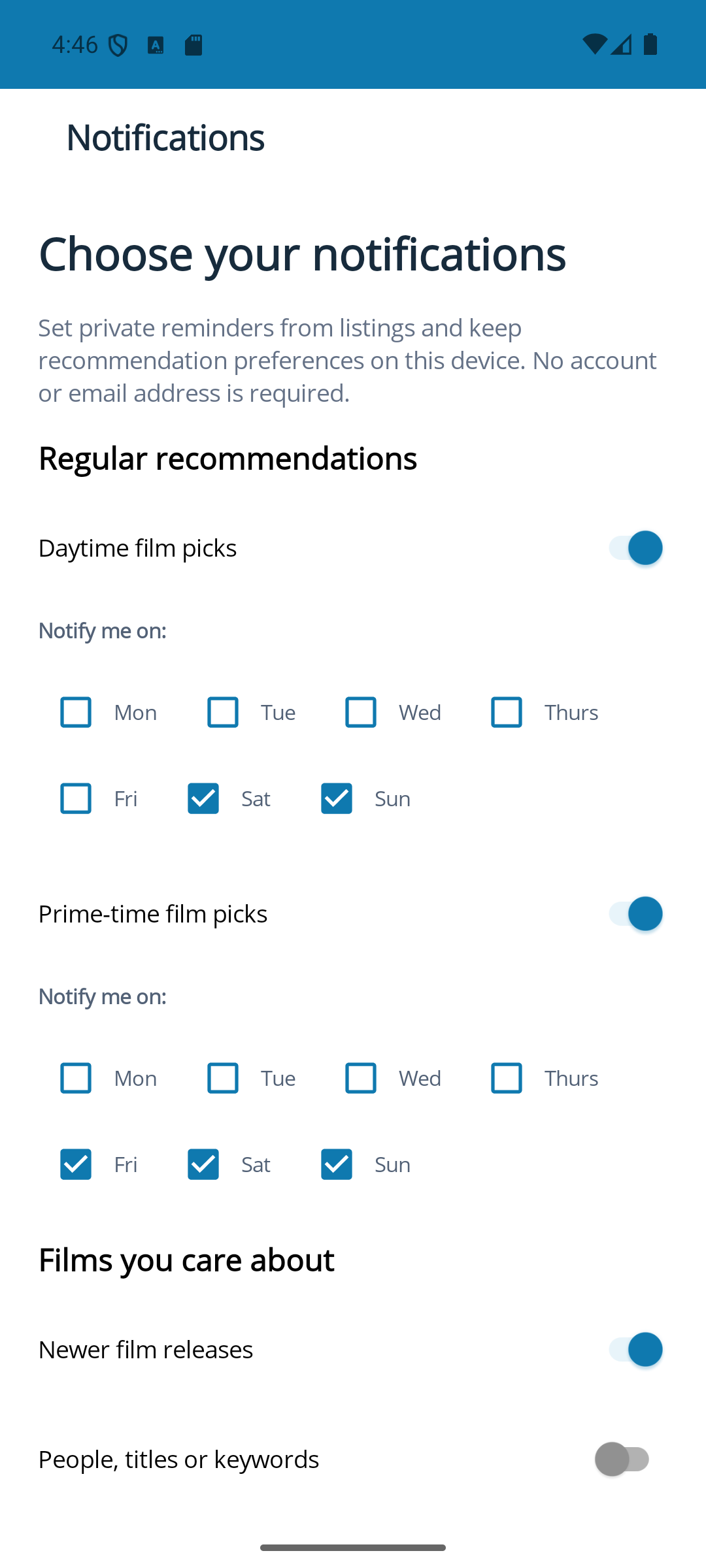 filmsToday mobile app notification preference screen