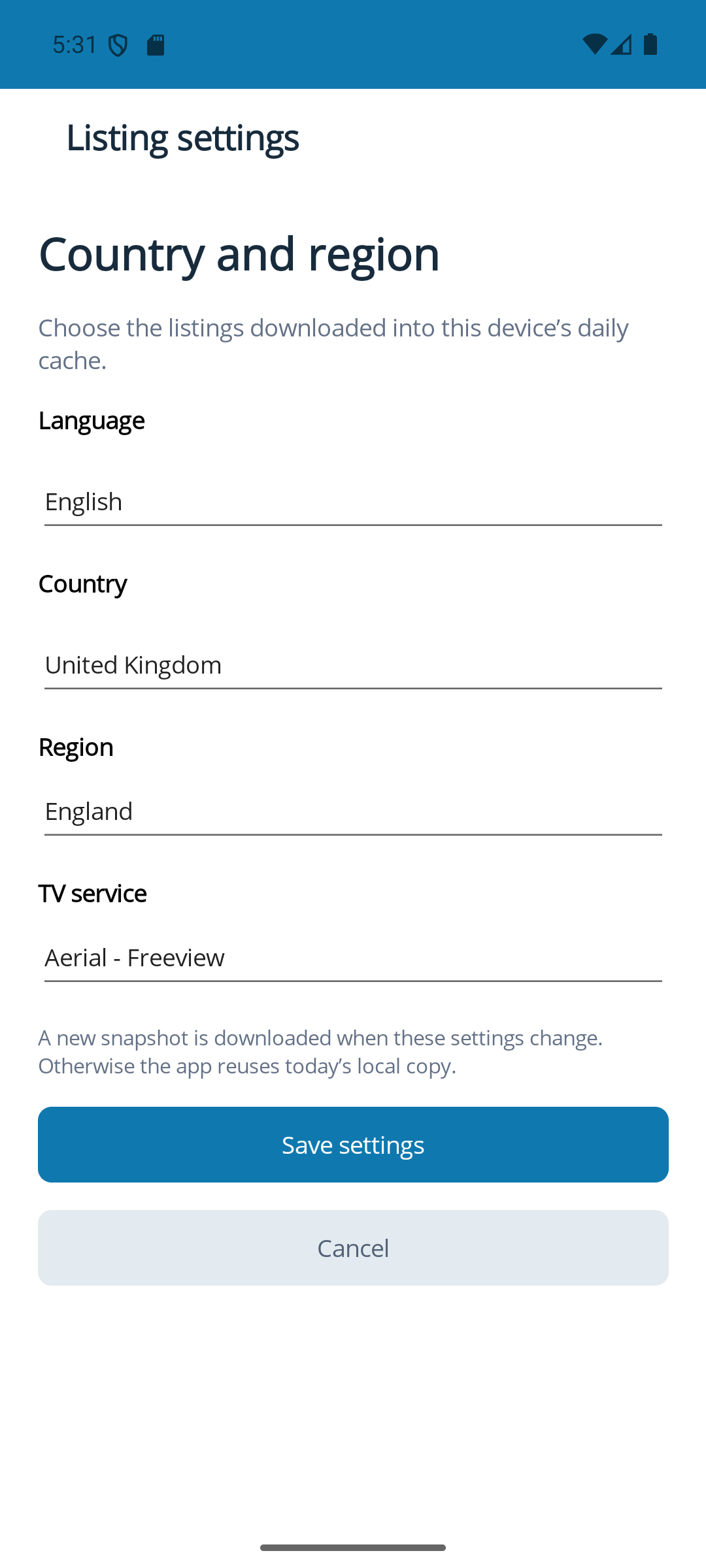 filmsToday mobile app country, region and TV service settings